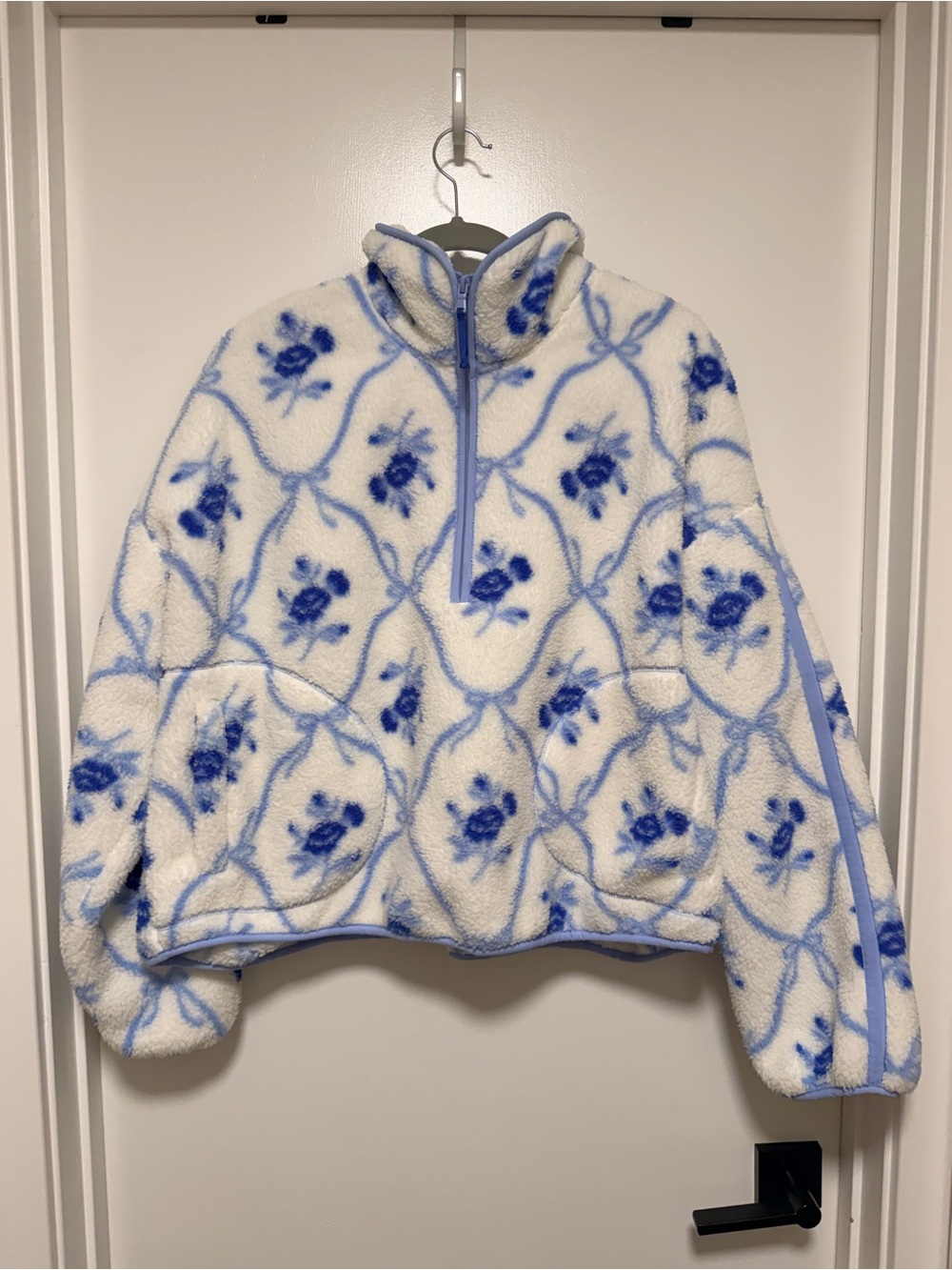 Old Navy White Sherpa Half-Zip Pullover with Blue Floral Print